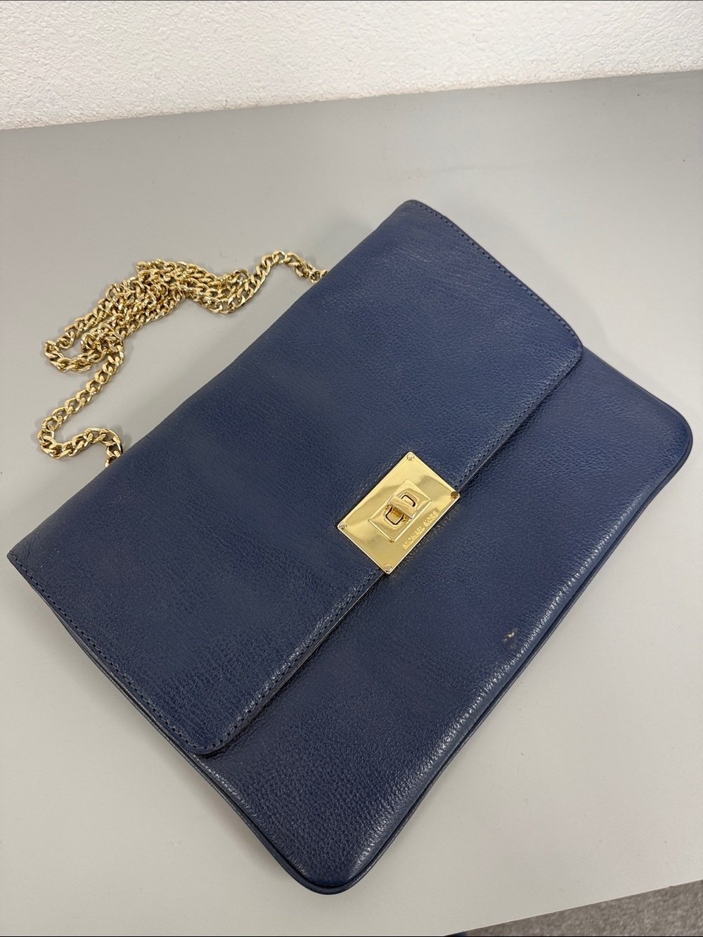 Michael Kors Navy Leather Shoulder Bag with Gold Chain